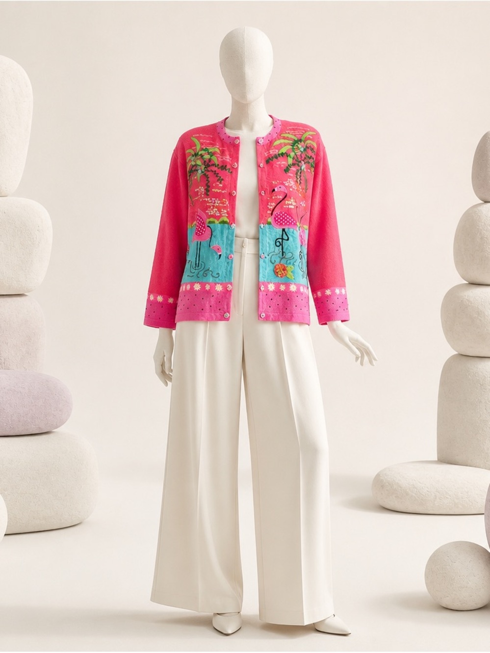Vintage Jack B. Quick Embroidered Coral and Pink Flamingo Sequin Cardigan - Picture 2 of 4